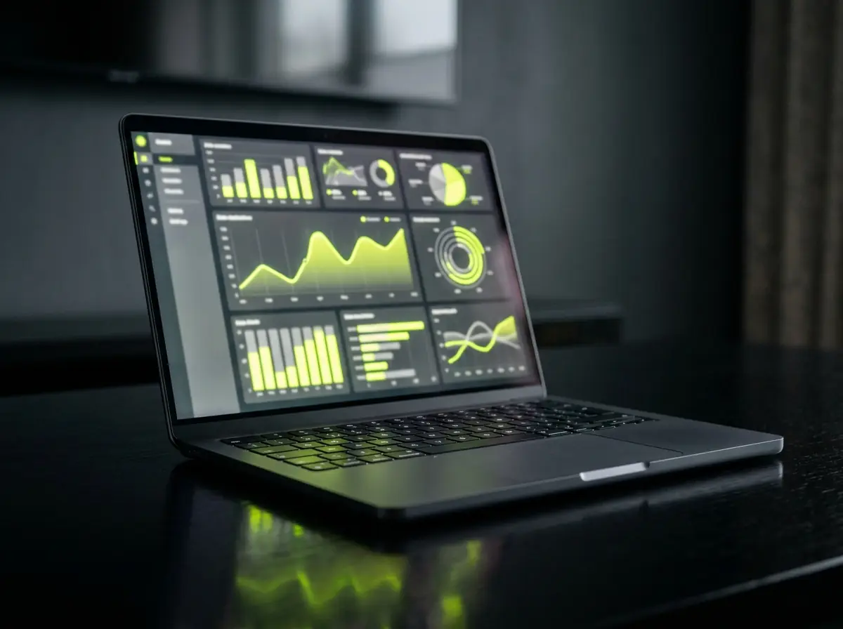 Illustrative render: a laptop showing a reporting dashboard